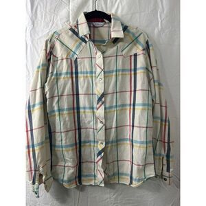 KARMAN Beige Red Stripe Pearl Snap Flannel Western Shirt Size M 34 Vintage 90s